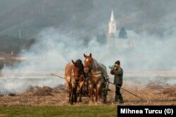 Сельчанин в округе Марамуреш готовит поле к весенней вспашке, 2010 год