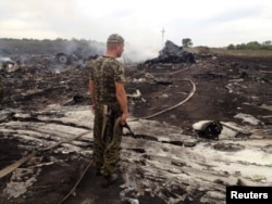 Пророссийский боевик-сепаратист стоит на месте катастрофы самолета авиакомпании Malaysia Airlines. Донецкая область, 17 июля 2014 года.