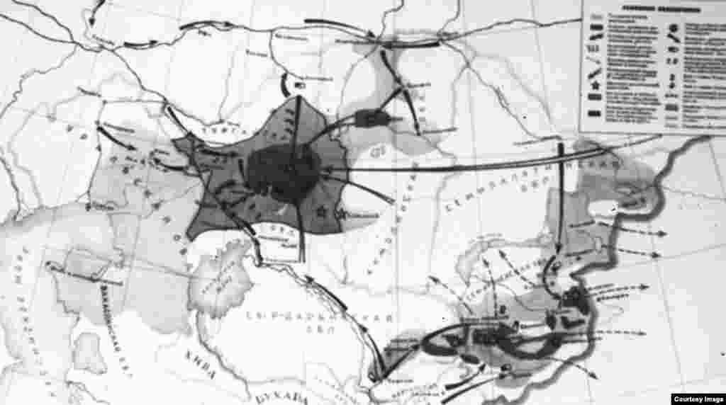 Карта национально-освободительного восстания казахов в 1916 году.