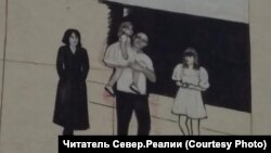 Изначальный рисунок на фасаде дома на Театральной улице в Черняховске. На рисунке изображен глава Черняховска с семьей 