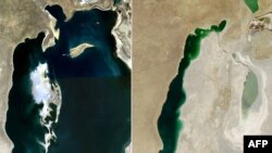 Снимки Аральского моря, сделанные NASA с космоса. Слева - море в 2008 году. Справа - в 2013 году.