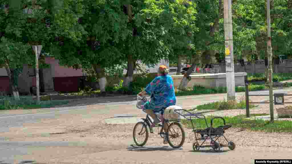 Жінка на велосипеді з коляскою на вулиці Калініна. Життя в місті &laquo;визначають&raquo; два акціонерних товариства: &laquo;Бром&raquo; і &laquo;Кримський содовий завод&raquo;, які є найбільшими платниками податків. Разом із підприємствами сусіднього Армянська вони входять в єдиний Перекопський промисловий комплекс