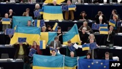 Депутаты Европарламента с флагами Украины и Евросоюза. Страсбург, 12 декабря 2013 года.