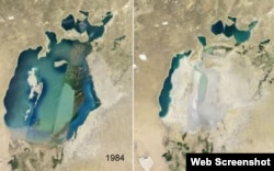 Аральское море со спутника в 1984-м (слева) и 2012 году