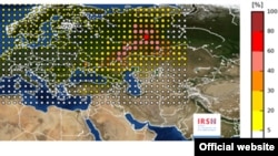 Карта Института ядерной и радиационной безопасности Франции (IRSN) об утечке радиации на ядерном объекте предположительно в России или Казахстане в конце сентября.