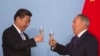 KAZAKHSTAN -- Kazakh President Nursultan Nazarbayev (Right) and his Chinese counterpart Xi Jinping toast after signing bilateral documents in Astana September 7, 2013